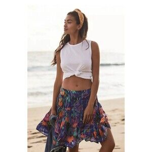 Anthropologie Danielle Duer Tiered Mini Skirt Floral Purple Motif Womens Sz XS